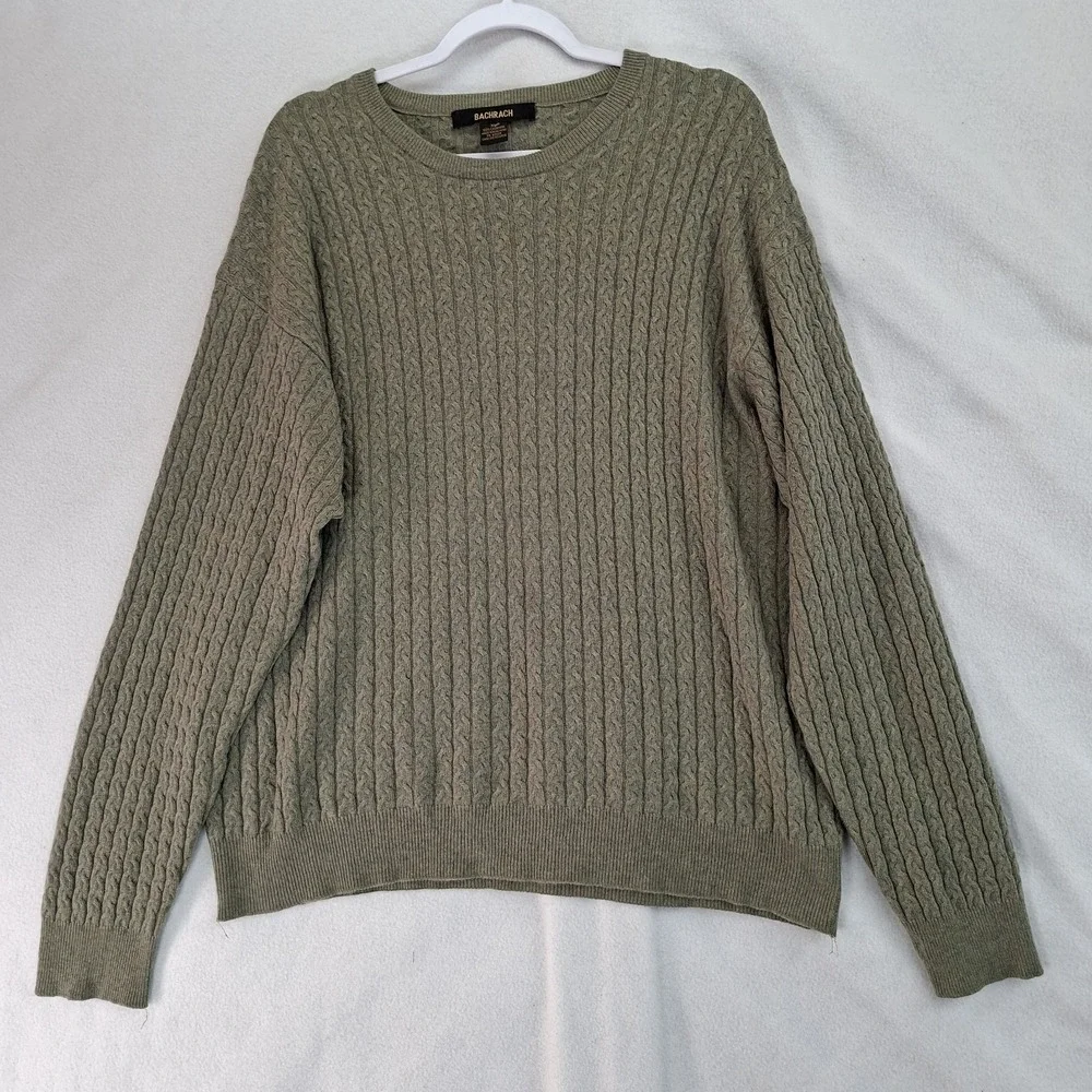 Vintage Bachrach Cashmere Sweater Mens XL Crew Neck Cable Knit Pullover Greenish